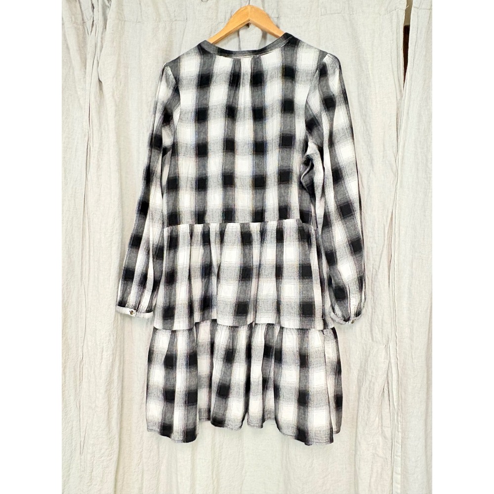 Time and Tru Womens XL Black White Plaid Tiered Button Front Mini Dress - Picture 6 of 7